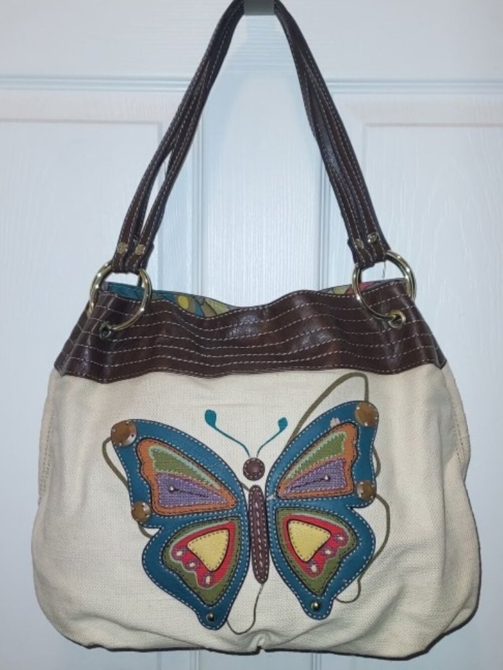 Y2K RELIC Butterfly Wings 🦋 Canvas Tote Bag Purse Leather trim LOTS POCKETS